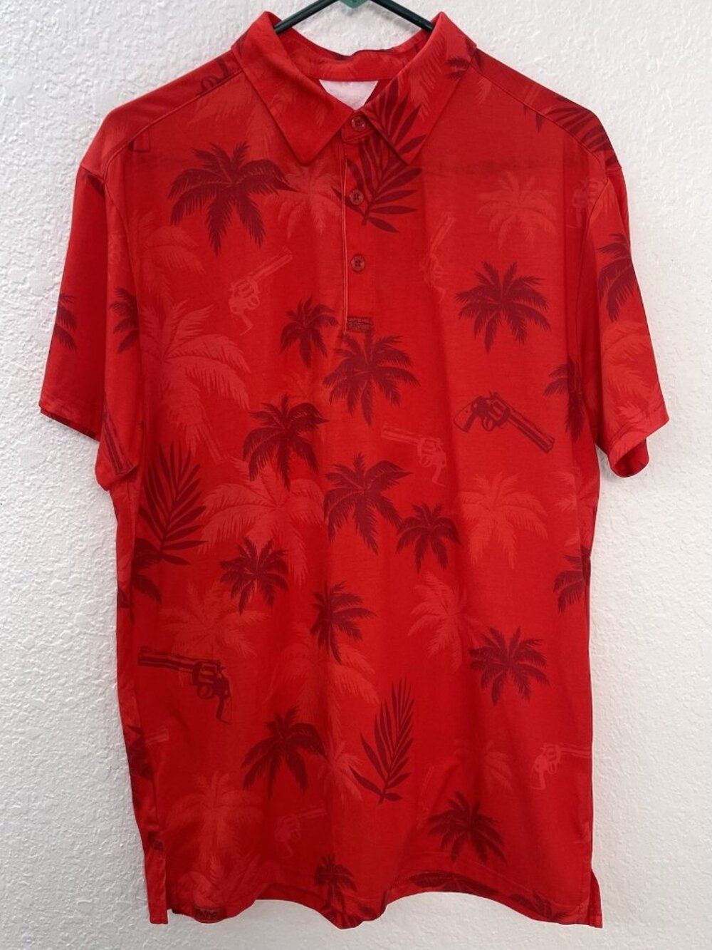 RETRO RIFLE Mens MEDIUM Red Hawaiian Gun Floral Print S/S Polo SHIRT Collar